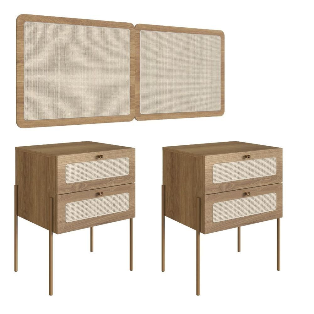Kit Mesa e Cabeceira Casal Oslo 2 Gavetas MDP Moderno Marrom Artesano Móveis 158CM
