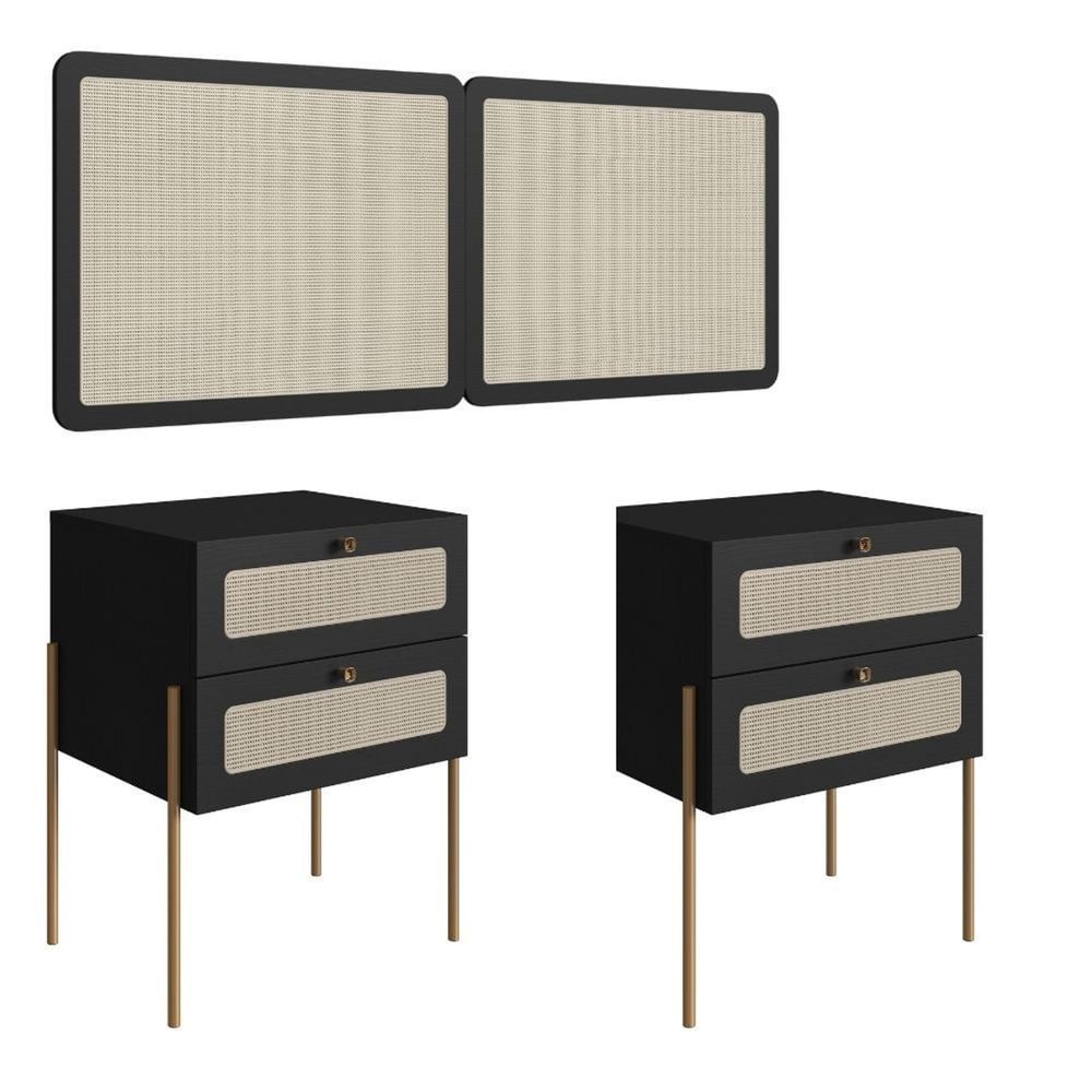 Kit Mesa e Cabeceira Oslo 2 Gavetas MDP Contemporâneo Preto Artesano Móveis 158CM