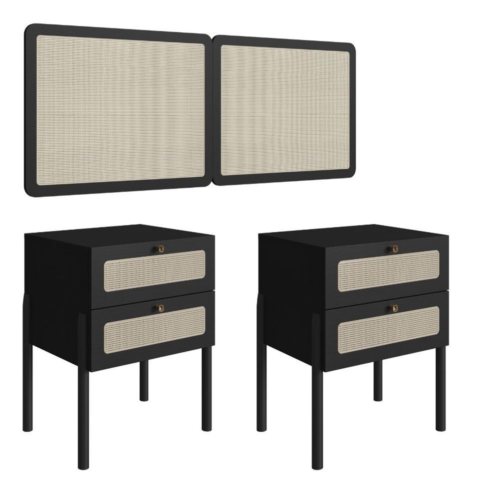 Kit Mesa e Cabeceira Solteiro Oslo 2 Gavetas MDP Moderno Preto Base Metal Dourado Artesano Móveis 90CM