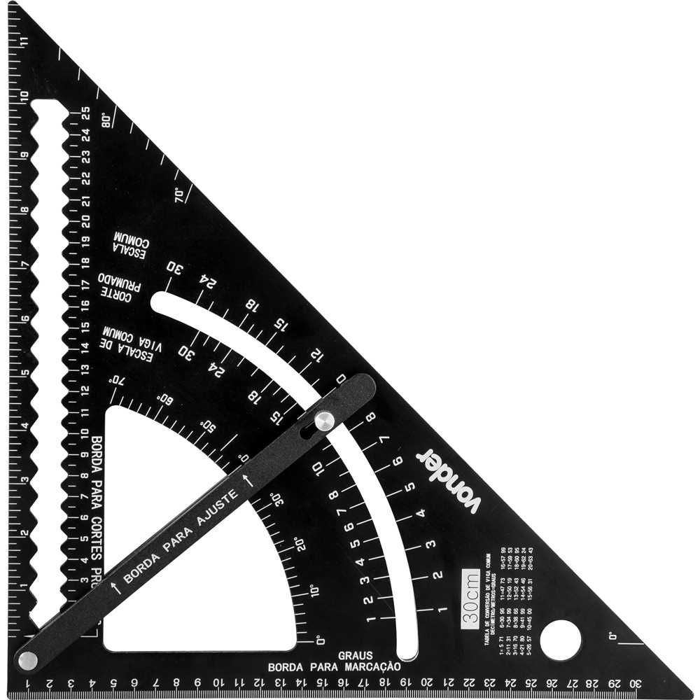 Esquadro Triangular 30cm com Goniômetro 70 graus  e Medição em mm-pol Alumínio Anodizado Nove54 30CM