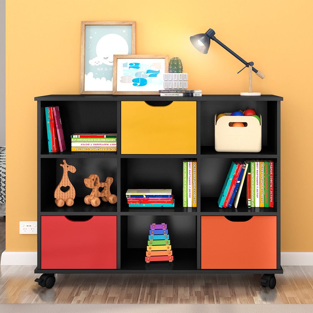 Nicho Organizador Rodizio 108x83x33.5CM MDF Fixação Parafuso Multifuncional com 3 Gavetas Sala Preto Qmovi