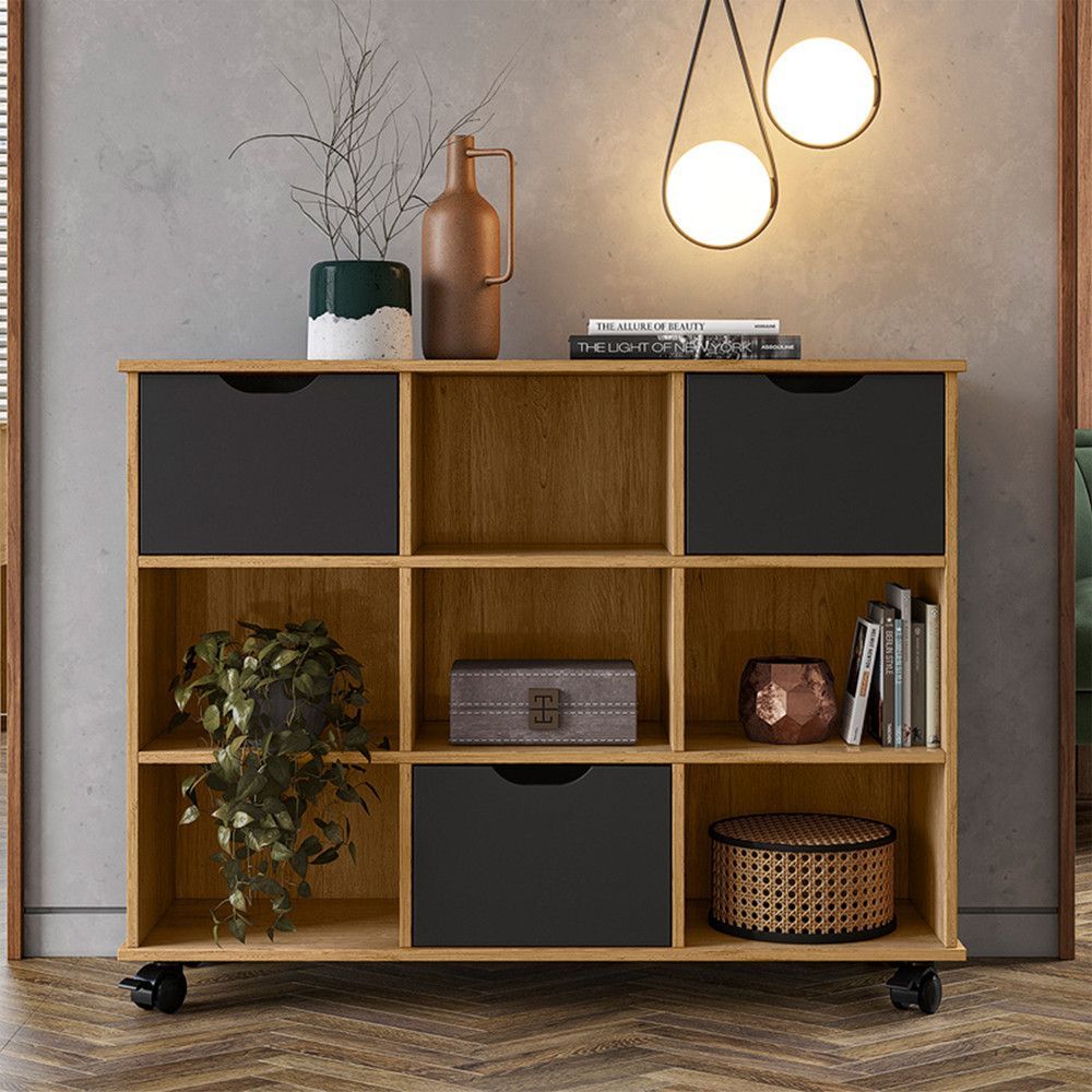 Nicho Organizador Rodizio 108x83x33,5CM MDF Fixação Parafuso Multifuncional com 3 Gavetas Escritório Amadeirado Qmovi