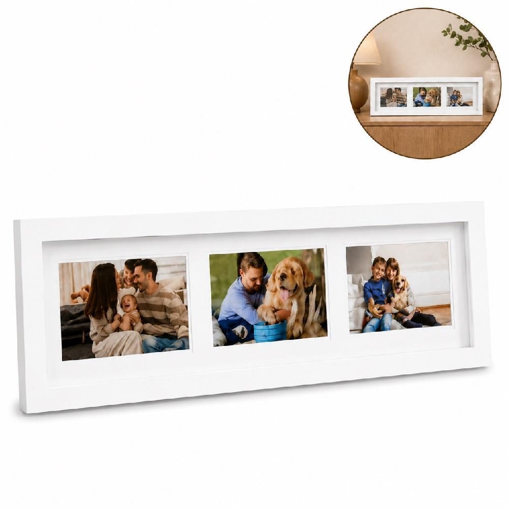 Mural de Fotos 55x18cm Porta Retrato para 3 Imagens com Proteção em Vidro Design Moderno Madeira Branco