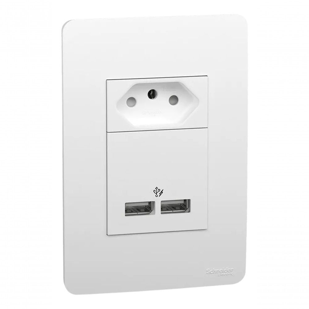 Conjunto Tomada 2P+T com 2 Usbs 2.1A + Placa Horizontal Orion 10A 2 Usbs 2.1A Branco Schneider Electric