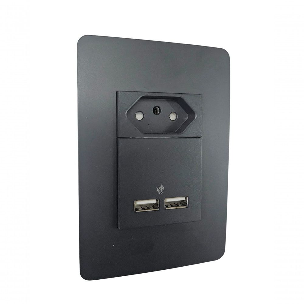 Conjunto Tomada 10A 2P+T com 2 Usbs 2.1A Placa Horizontal Grafite Orion Schneider Electric 2 MOD
