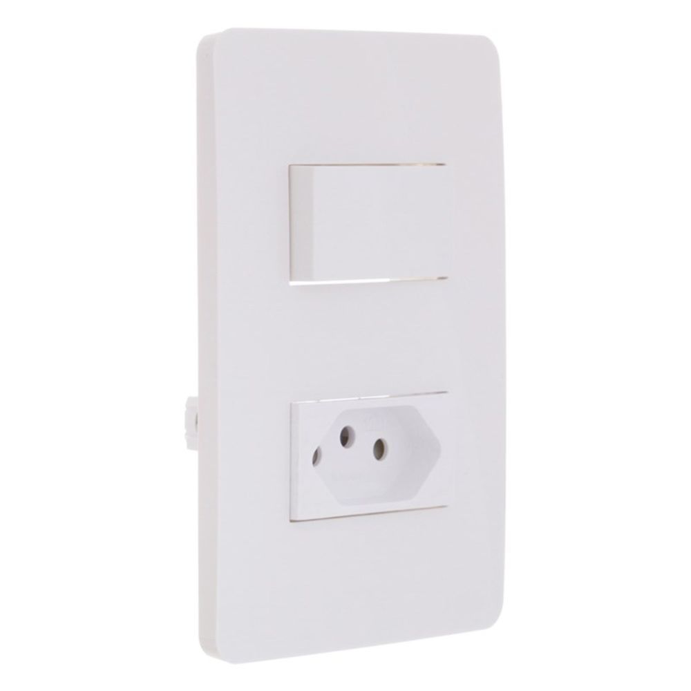Conjunto Placa Horizontal 2x4 com Interruptor Simples e Tomada 2P+T 10A 250Vca LED Piloto Branco Orion Schneider