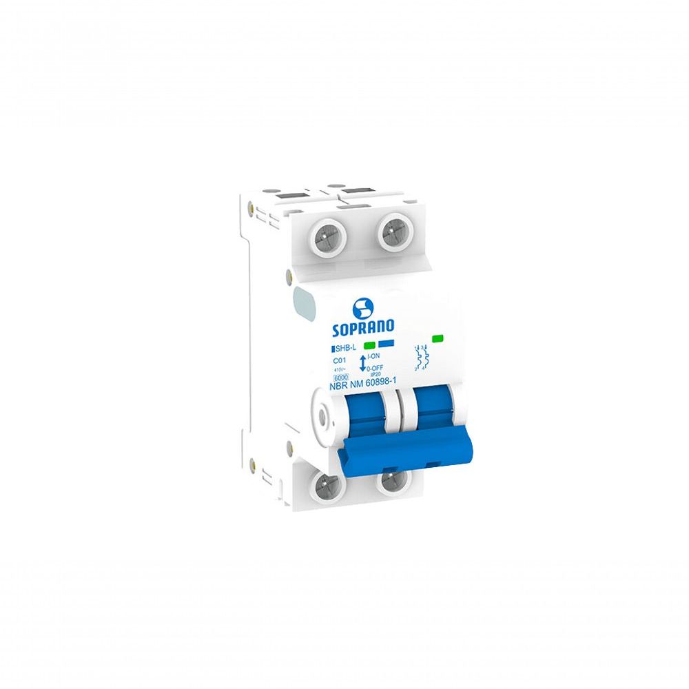 Disjuntor SHB2-L Bipolar com Proteção 6kA e Alta Performance Branco Soprano 63A SHB2 L-C2X63A 6KA