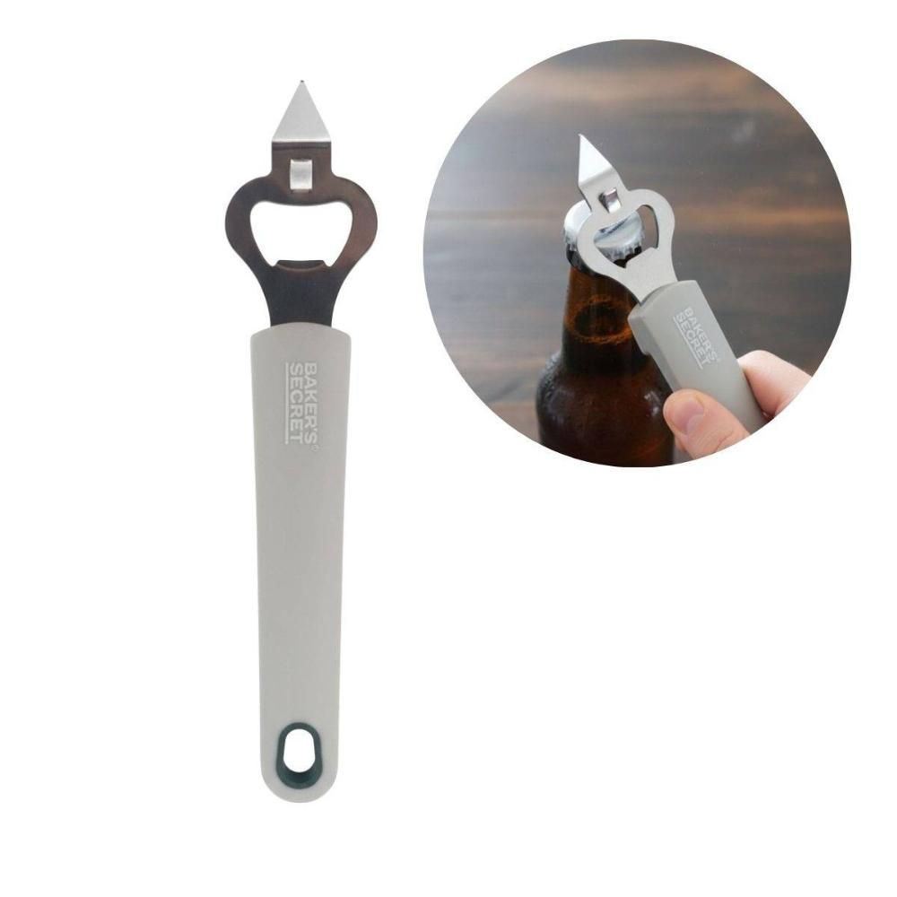 Abridor de Garrafas e Tampa Perfurador BS41009 2 em 1 Aço Inoxidável com Apoio em Silicone Antiderrapante Cozinha Cinza