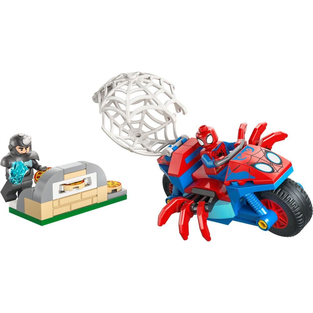 Brinquedo de Construção Homem-Aranha em Sua Motocicleta Vs Rino com Ação de Super-Heróis e Armação de Teia Preto Lego