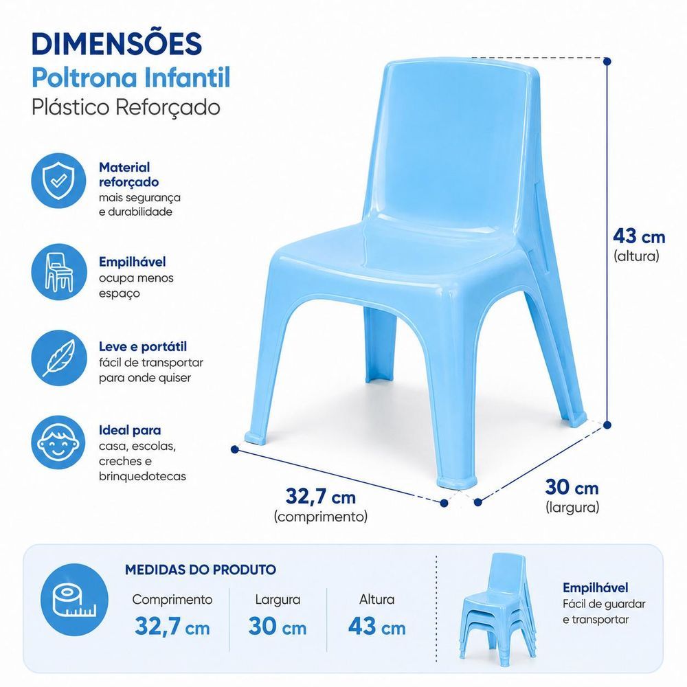 Cadeira Infantil Poltrona com Encosto Plástico Reforçado Azul 50kg Yeet