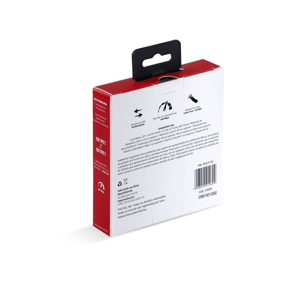 Cabo de Dados Pcyes Tipo C 2.0 para Carregamento e Transferencia 480 MBPS 5V 3A 15W Preto 2M