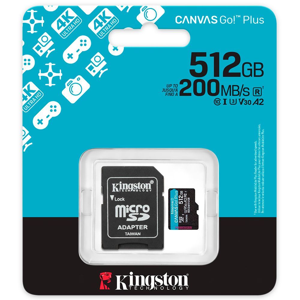 Cartão de Memória Micro SD Kingston Canvas Go Plus com U3 C10 V30 A2 512GB SDCG4-512GB