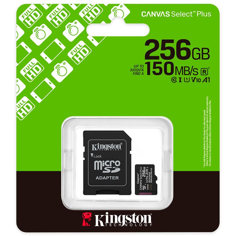 Cartão de Memória Micro SD Kingston Canvas Select Plus com Desempenho Confiável e Durabilidade V10 A1 256GB SDCS3-256GB