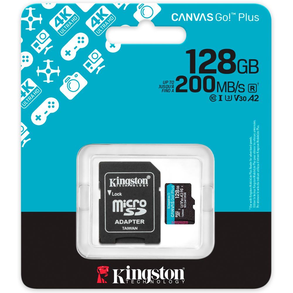 Cartão de Memória Micro SD Kingston Canvas Go Plus com U3 C10 V30 A2 128GB SDCG4-128GB