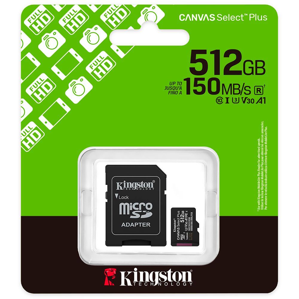 Cartão de Memória Micro SD Kingston Canvas Select Plus C10 U1 V10 A1 512GB com Desempenho de Gravação em Full HD e 4K