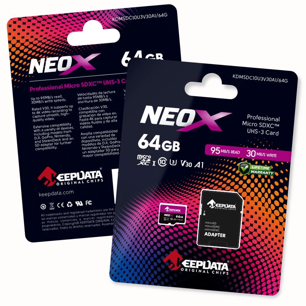 Cartão de Memória Micro SD Neox C10 XC I U3 V30 A1 64GB com Desempenho Profissional e Durabilidade Keepdata