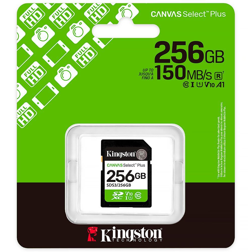 Cartão de Memória SD Canvas Select Plus C10 256GB com Alta Velocidade e Durabilidade - Kingston SDS3-256GB