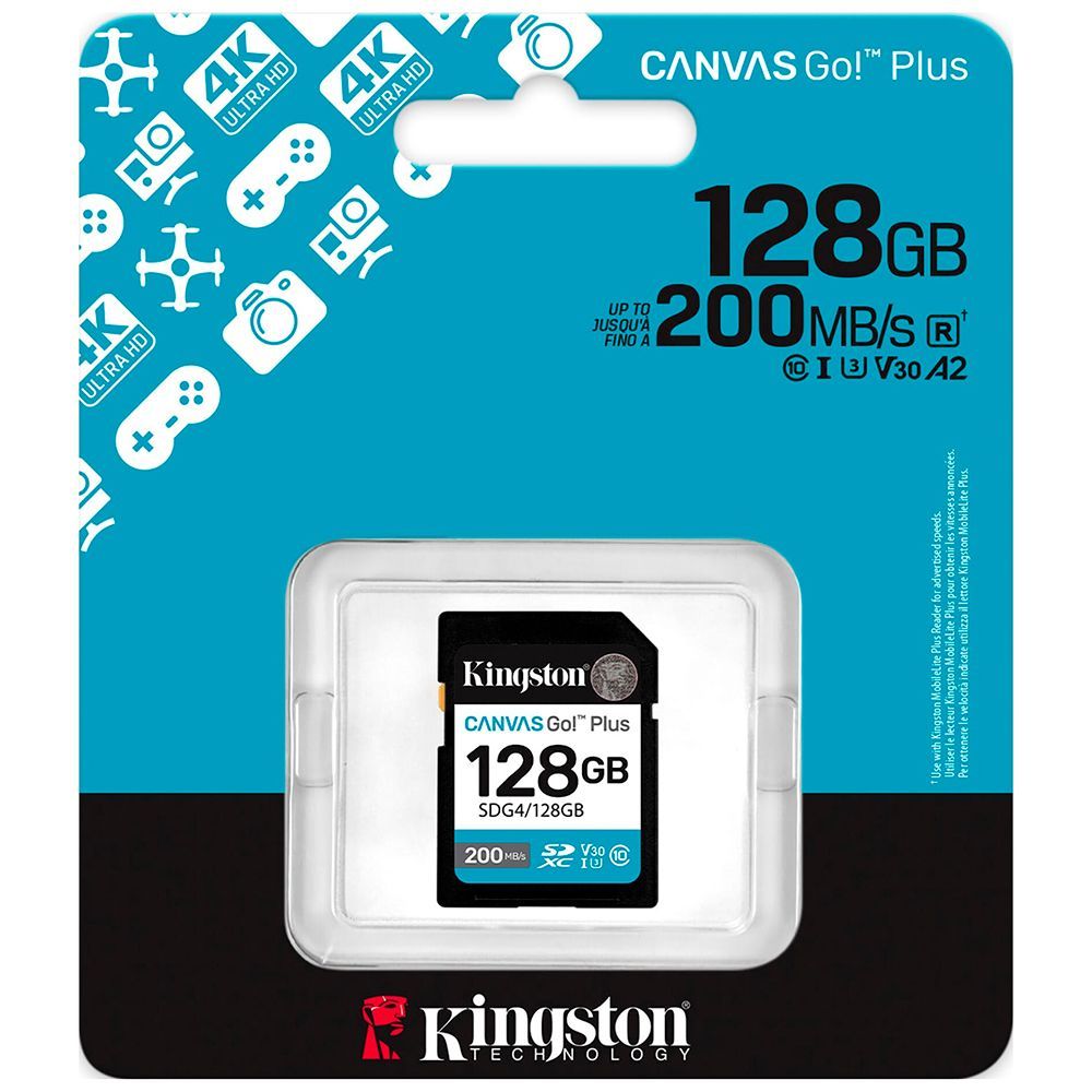 Cartão de Memória SD Canvas Go Plus C10 U3 V30 A2 Desempenho Confiável Durabilidade 128GB Kingston
