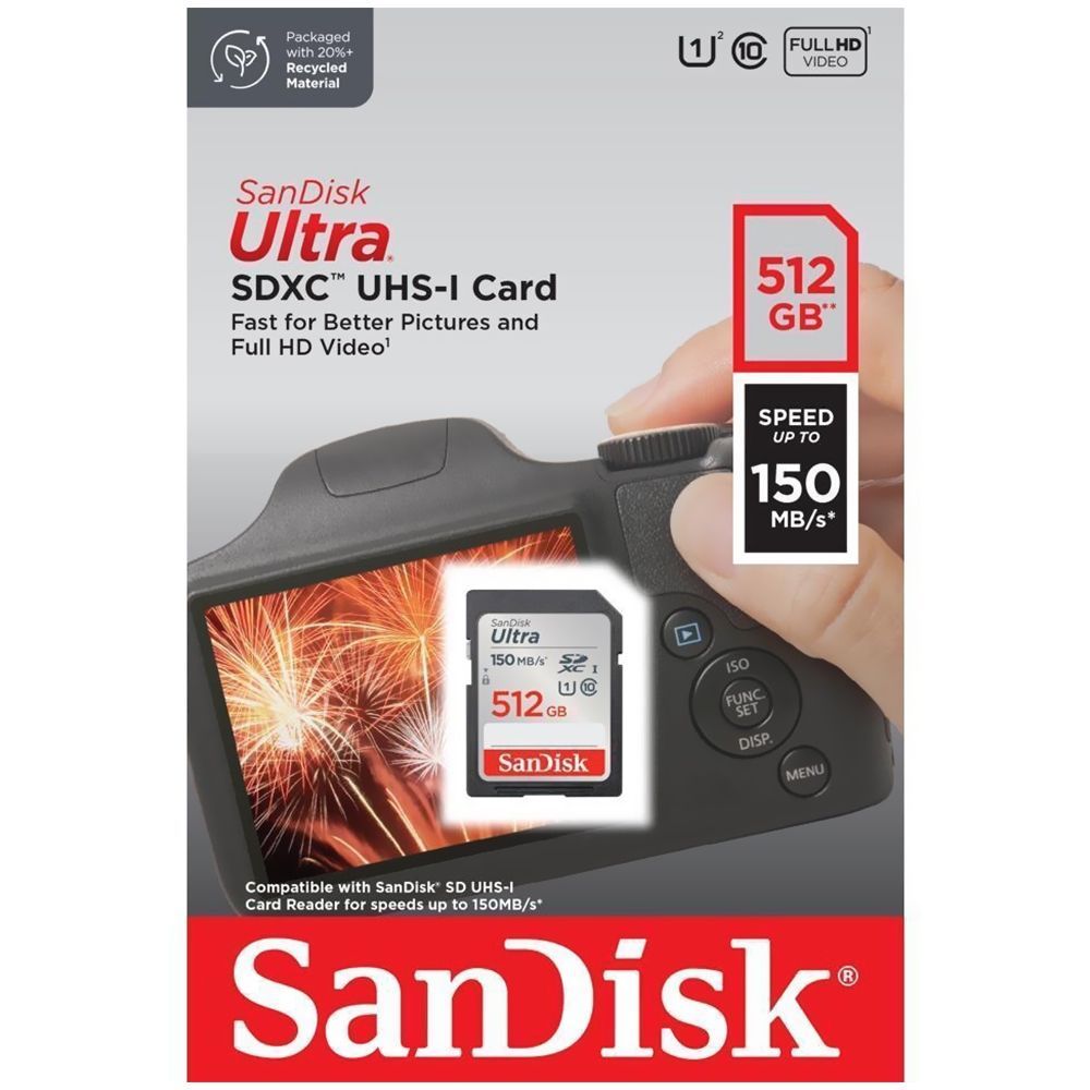 Cartão de Memória SD Sandisk Ultra 512GB Class 10 U1 FHD com Desempenho Confiável e Durabilidade - SDSDUNC-512G-GN6IN
