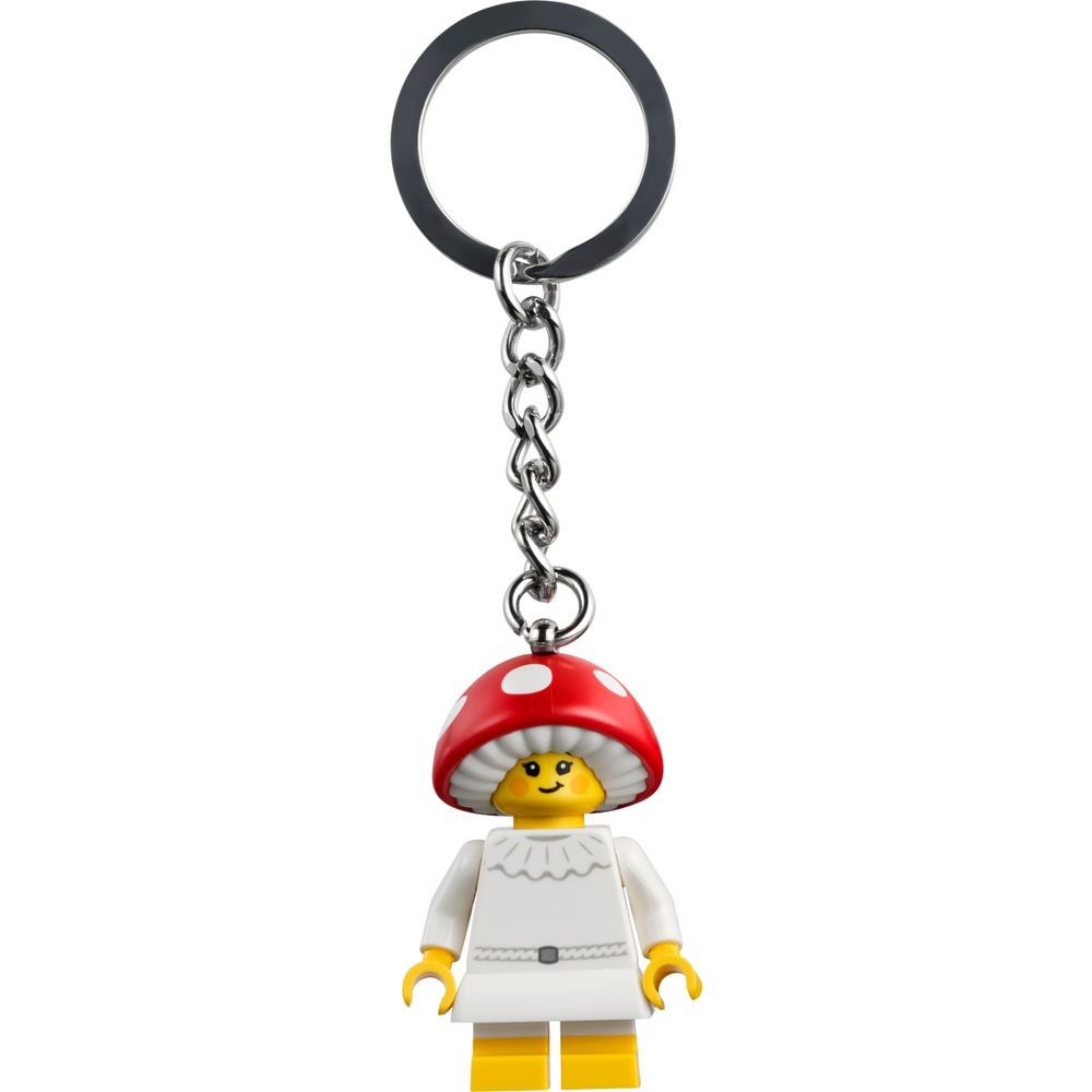 Chaveiro Lego Menina Cogumelo com Minifigura Articulada Branca e Cabelo de Cogumelo em Corrente de Metal 9CM