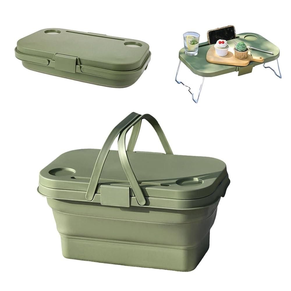 Cesta de Piquenique com Tampa Que Vira Mesa Multiuso PP + TPR Dobrável para Passeio Bege Yeet 23,5CM
