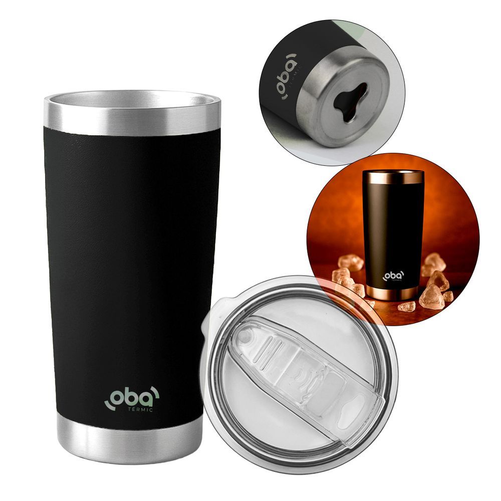 Copo Térmico Oba Térmic Parede Dupla com Isolamento a Vácuo Aço Inox 591ml Mantém Bebidas Geladas Até 24h Preto Oba Mix