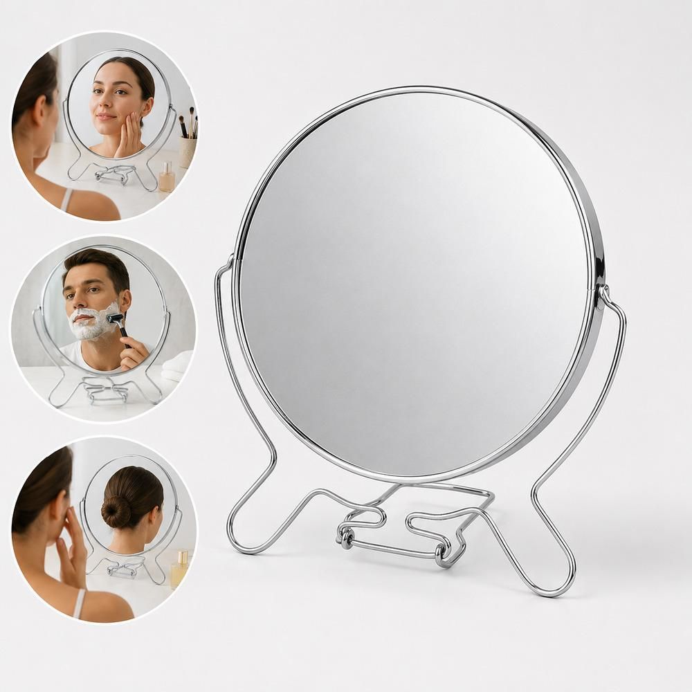 Espelho de Mesa Mirror Dupla Face 17CM Giratório Redondo com Moldura de Metal para Maquiagem e Barbear Inox Yeet
