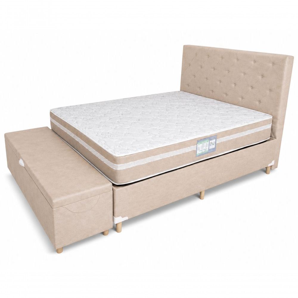 Kit Cama Box Casal Baú com Cabeceira e Recamier Molas Bonnel Espuma D28 20CM Antialérgico Tecido Liso Bege Colchão