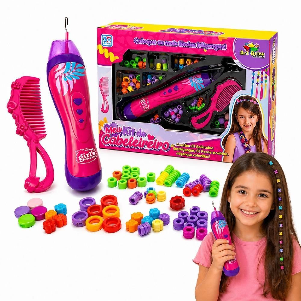 Kit Beleza Infantil com Aplicador de Miçangas Funcional e Miçangas Coloridas para Penteados Criativos Brincando Salão