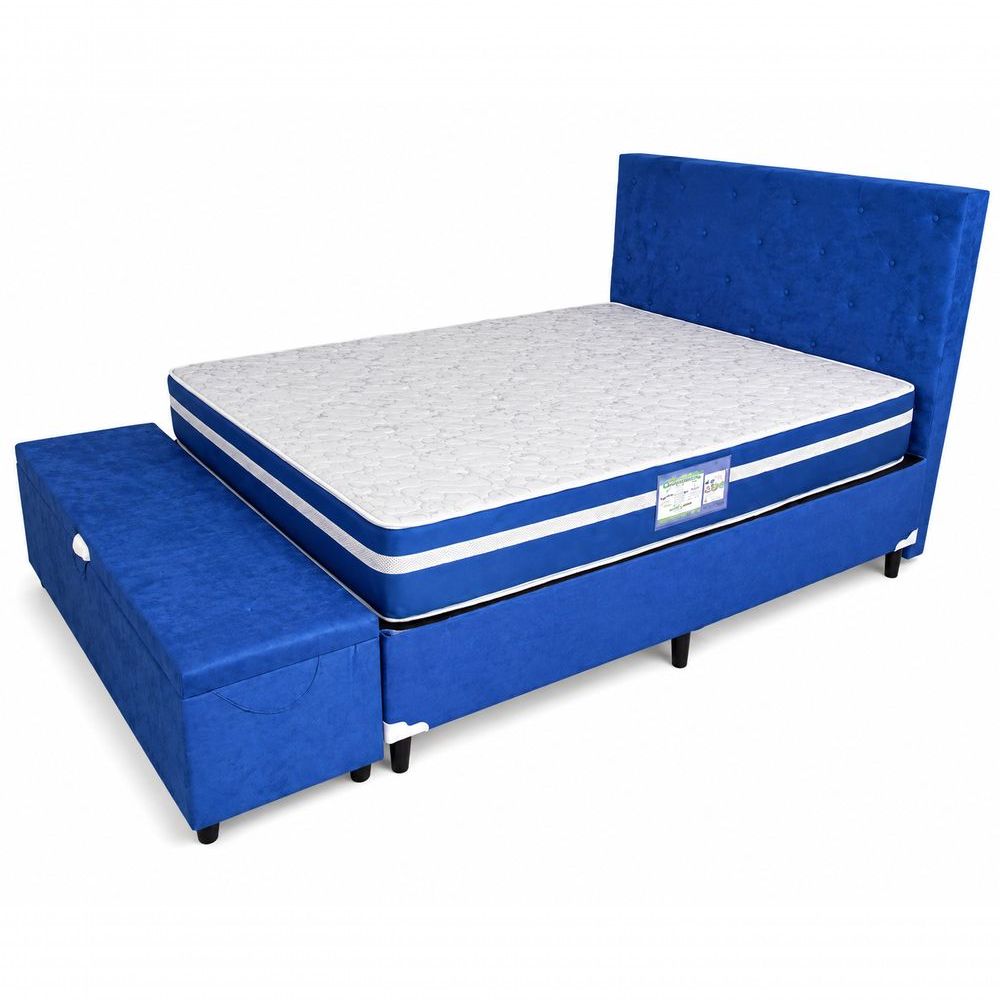 Kit Cama Box Casal Baú com Cabeceira e Recamier Molas Bonnel Espuma D28 Tecido Estampado Azul Colchão dos Sonhos