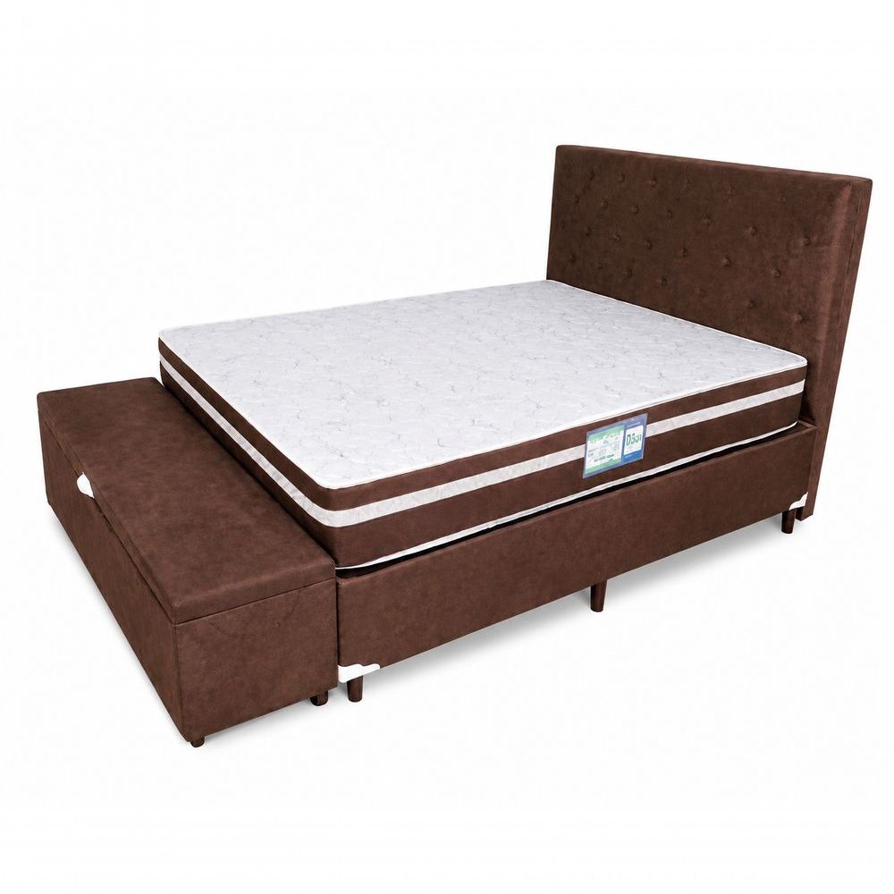 Kit Cama Box Casal Baú com Cabeceira e Recamier Molas Bonnel Espuma D28 Antialérgico Tecido Liso Marrom Colchão