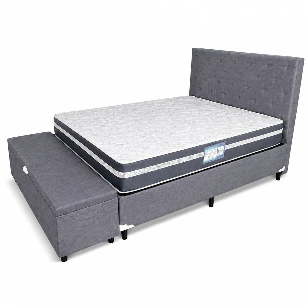 Kit Cama Box com Baú Casal com Cabeceira e Recamier Colchão Molas Bonnel Tecido Liso Cinza Colchão dos Sonhos