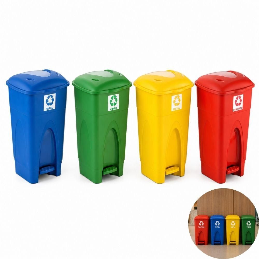 Kit 4 Lixeiras Coleta Seletiva 65L Plástico com Pedal Higiênico com Etiquetas Injeplastec 65L