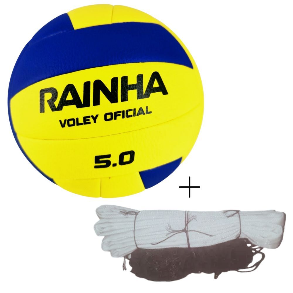 Kit Vôlei Bola Rainha 5.0 com Rede Master Seda 5m Toque Macio Costura Reforçada Amarelo e Preto