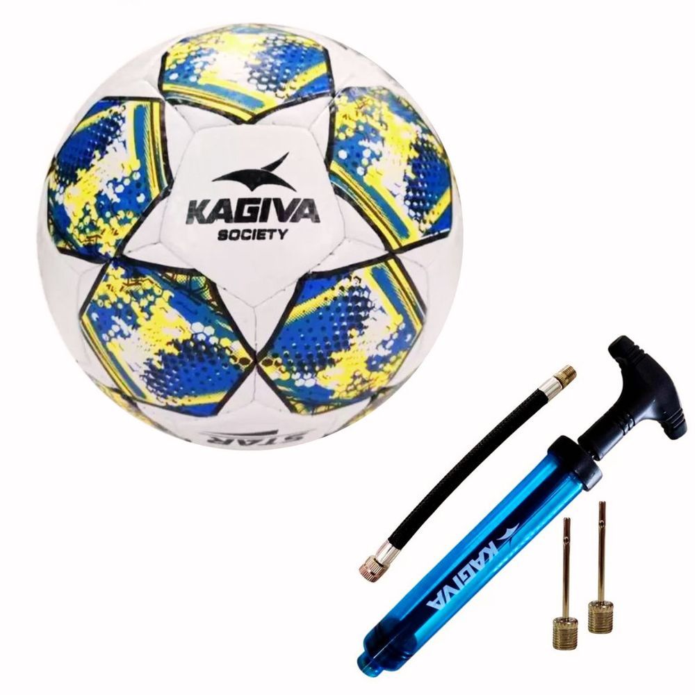 Bola de Futebol Society Star Costurada à Mão com Estrutura Reforçada em PVC Laminado Laranja e Azul Kagiva com Bomba