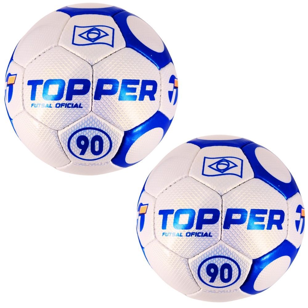 Bola de Futsal 90 Oficial Costurada à Mão com Superfície Texturizada Branco e Azul Topper 2 Unidades
