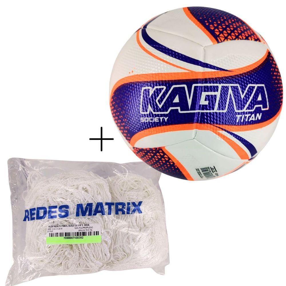 Kit Futebol Society Titan 2026 com Bola e Rede Oficial Matrix 4m Fio 2 Seda Reforçada Roxo e Branco Kagiva