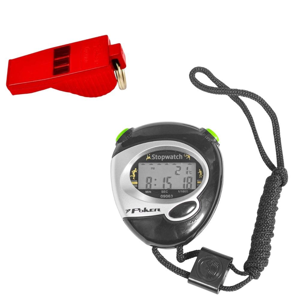 Kit Cronômetro Digital Start e Apito Profissional Tucano com 3 Câmaras de Ar e 116,2 Db Preto e Vermelho Poker