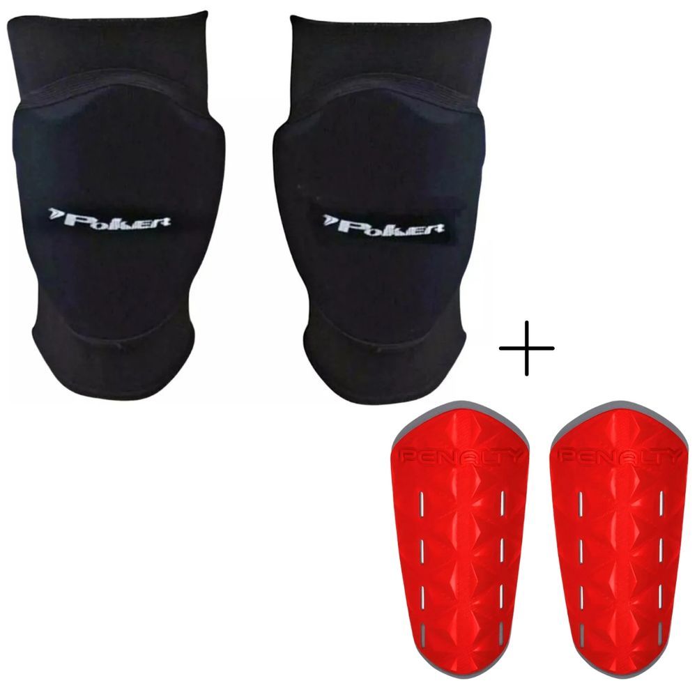 Kit de Proteção Esportiva Penalty Matis X + Joelheira Poker Pro Indoor Junior com Tecnologia Shield Sys Vermelho e Preto