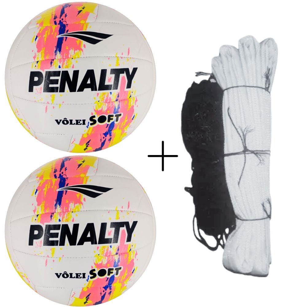 Kit de Vôlei Penalty Soft X Costurada com Toque Macio e Rede Seda 5m com Proteção UV Rosa e Preto 2 UNIDADES