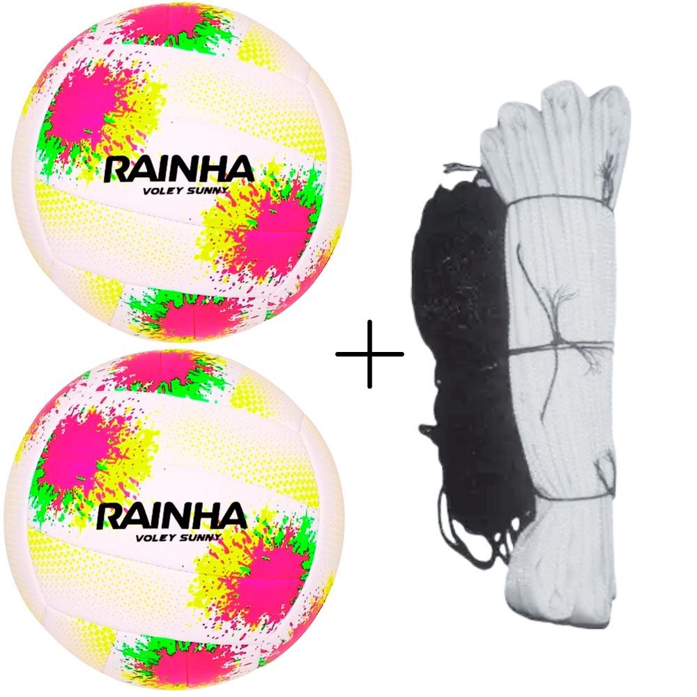 Kit de Vôlei Sunny com Toque Macio e Costura Invisível Branco e Preto Rainha com Rede Master Seda 5M e 2 Bolas
