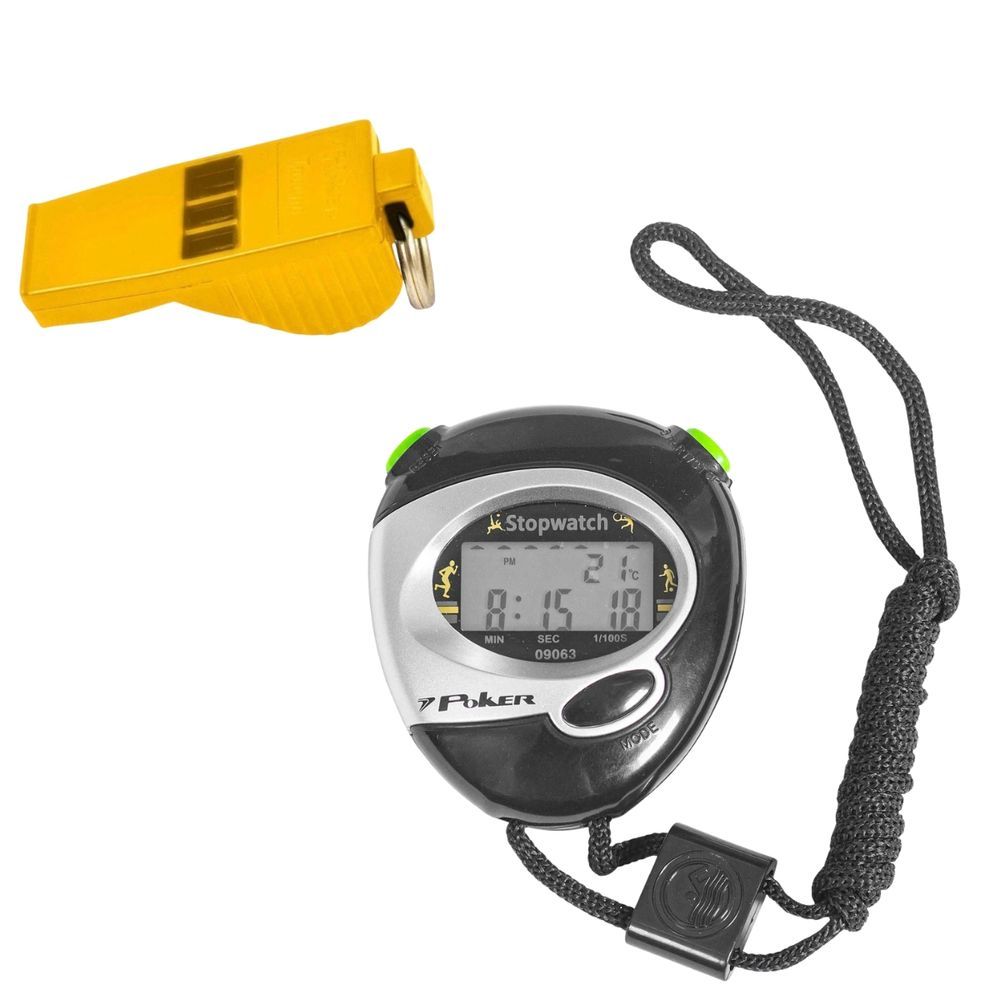 Kit Cronômetro Digital Start e Apito Profissional Tucano com Som 116 Db Preto e Amarelo Poker