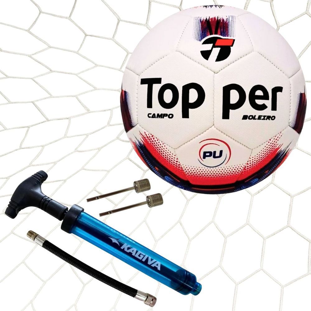 Kit Futebol Profissional Boleiro Hibrid com Bola Topper + Bomba Kagiva + Redes Matrix Vermelho Azul Branco Bivolt