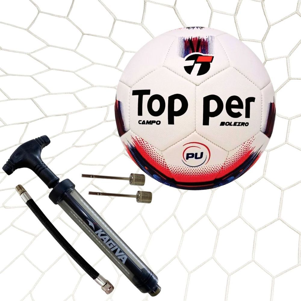 Kit Futebol Profissional Topper Boleiro Hibrid com Bola e Bomba Kagiva e Redes Matrix Vermelho e Branco Bivolt