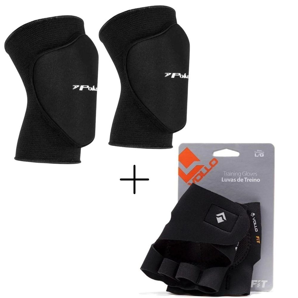 Kit Proteção Esportiva Vollo Training + Poker Pro Indoor com Luva e Joelheira Preto Vollo Sports