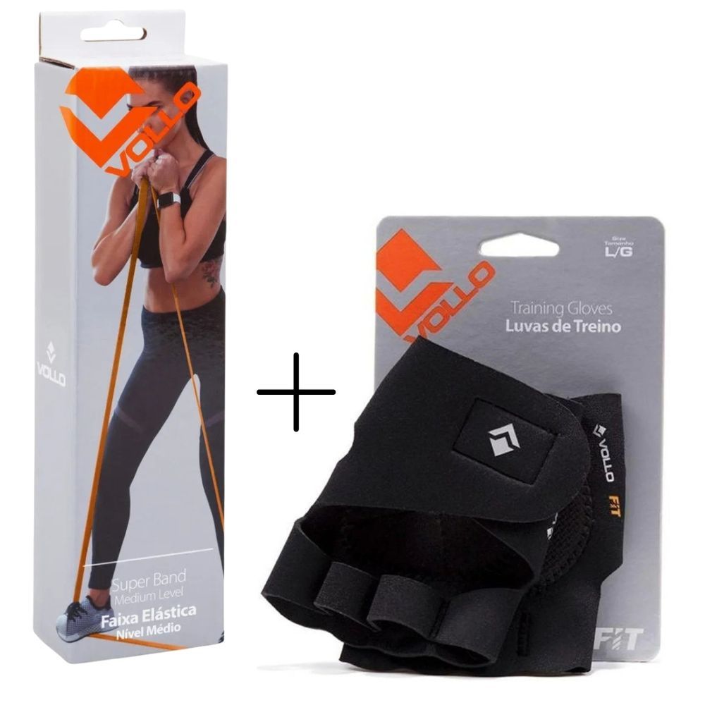 Kit de Treino Training com Super Band e Luva para Academia Resistência e Força Preto Vollo Sports