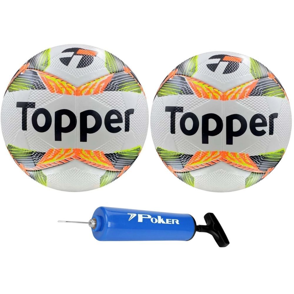 Kit Bola de Futsal Slick 2024 com 2 Unidades e Bomba Poker Inflar Way com Agulha Especial Amarelo e Azul Topper