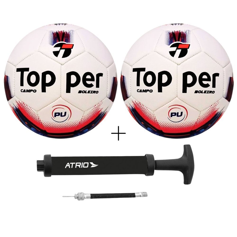 Kit 2 Bolas de Futebol Campo Topper Boleiro Hibrid + Bomba de Ar Atrio com Toque Macio e Preciso em Branco e Vermelho