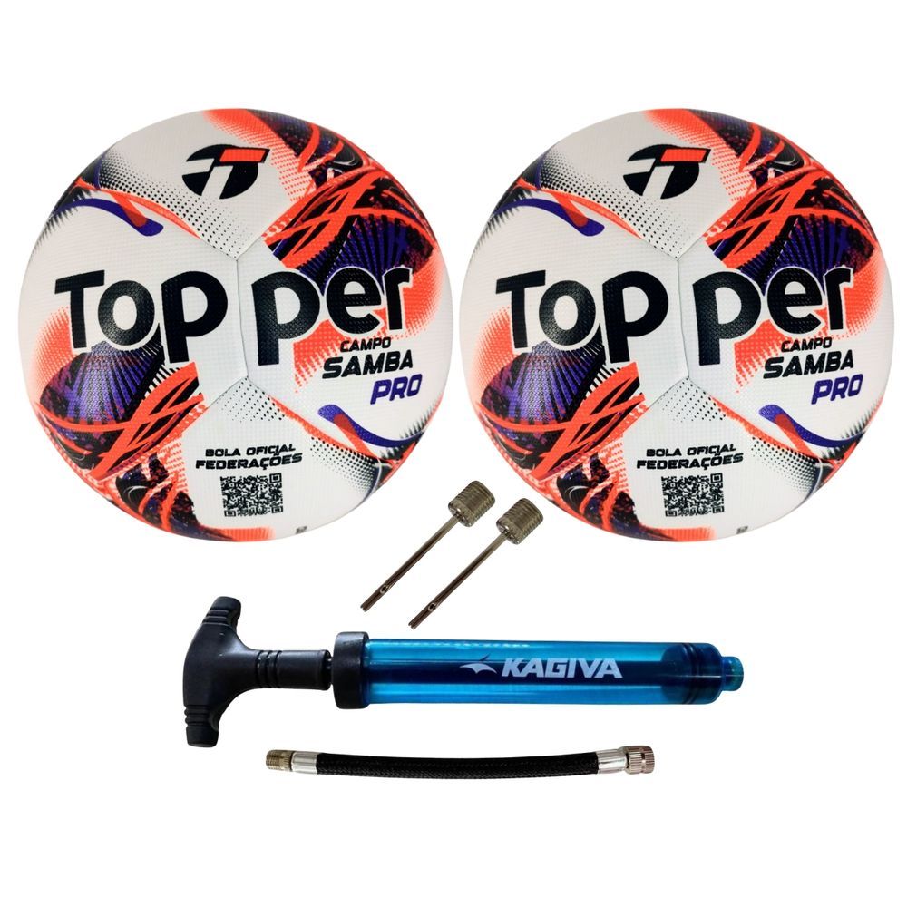 Kit Bola de Futebol Campo Samba Velocity Pro 2026 com Bomba de Ar Kagiva Dupla Ação Laranja e Azul Topper