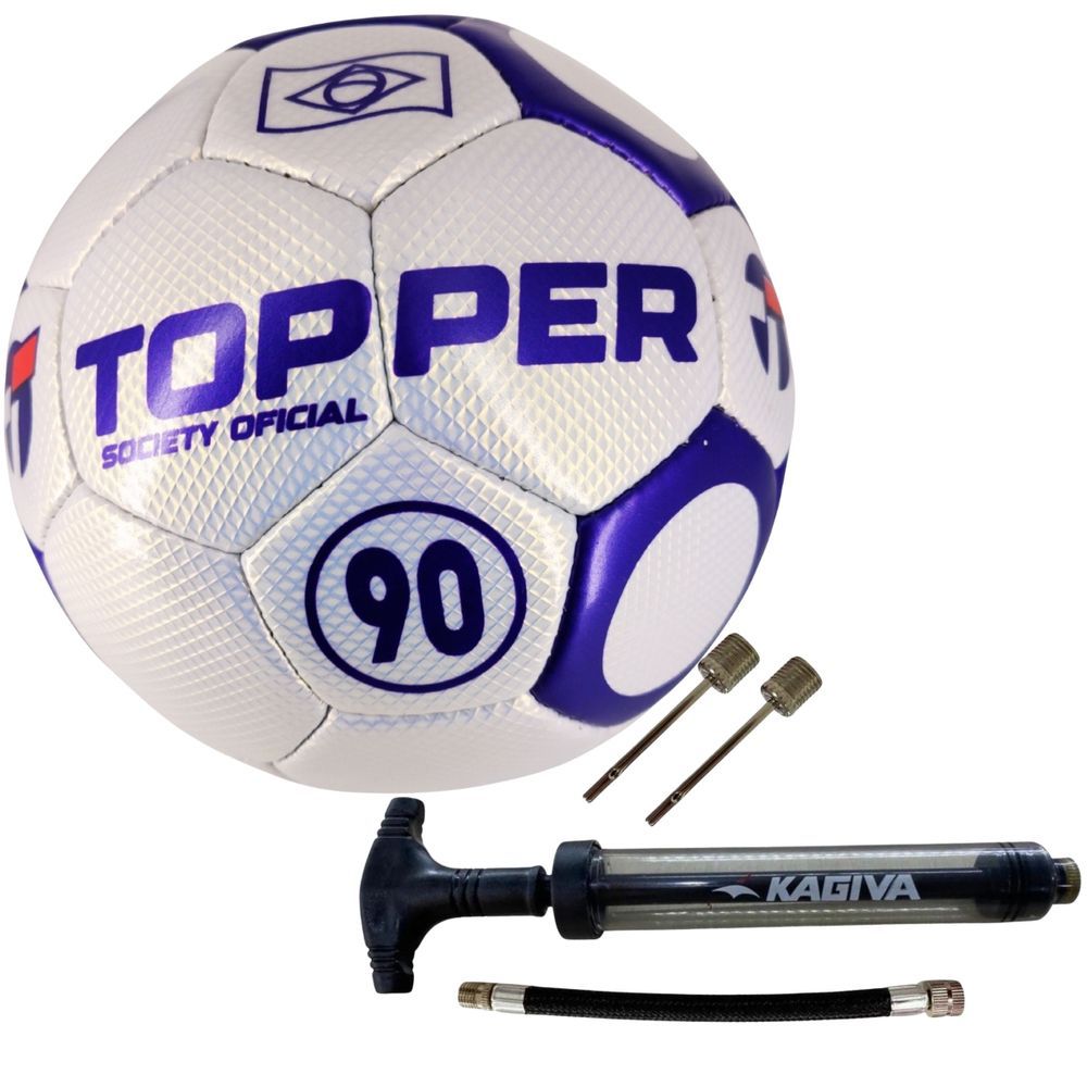Kit Bola de Futebol + Bomba de Ar Topper 90 Oficial Costurada à Mão Superfície Texturizada Roxo e Branco Vitória